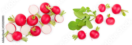 fresh whole and sliced radish isolated on white background. Top view