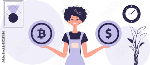 The concept of mining and extraction of bitcoin. A woman holds a bitcoin and a dollar in her hands. Character in modern trendy style.