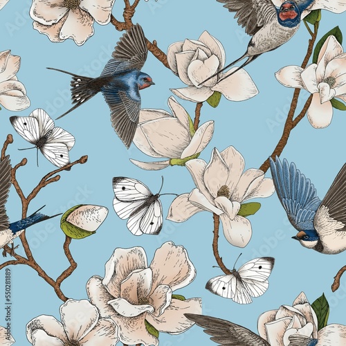 Photography Print, repeating pattern featuring hand drawn elements - birds, flowers and butt