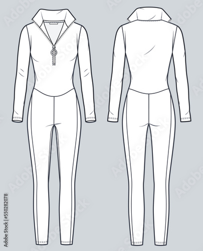 Sports Bodysuit technical fashion illustration. Long Sleeve Bodysuit fashion flat technical drawing template, zip-up, roll neck, slim fit, women, men, unisex cad mockup.