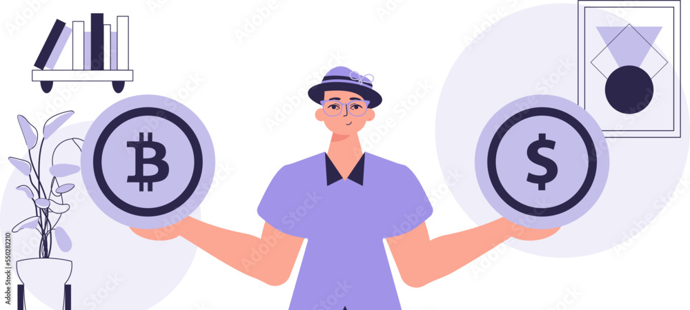 Cryptocurrency concept. A man holds a bitcoin and a dollar in his hands. Character with a modern style. Cryptocurrency concept. A man holds a bitcoin and a dollar in his hands. Character with a modern style.