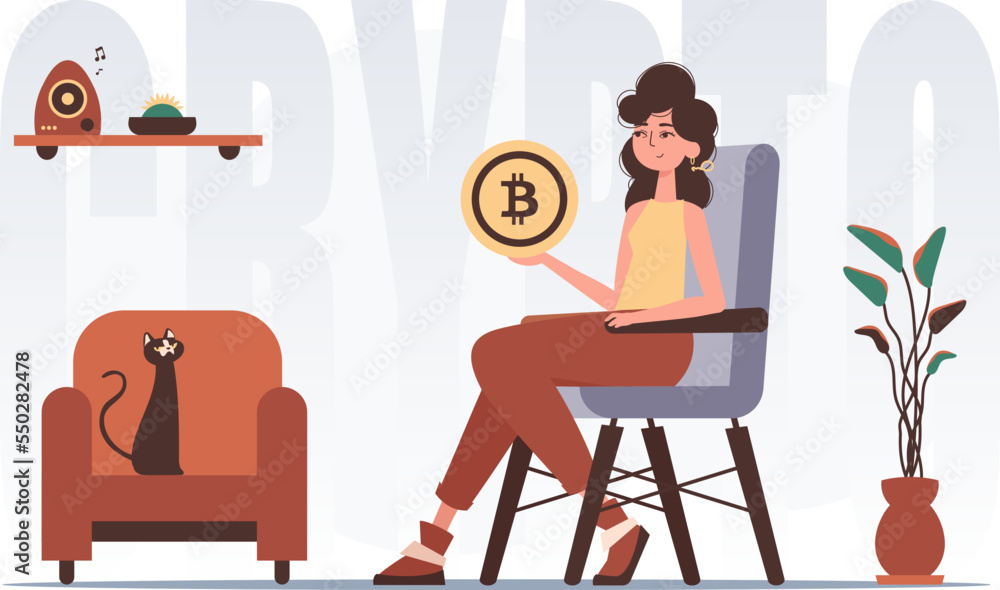 The concept of mining and extraction of bitcoin. A woman sits in a chair and holds a bitcoin in her hands. Character with a modern style.