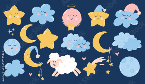 Cute childish set of good night elements. Childrens collection of stars, clouds, moons, planets. Vector illustration in hand drawn cartoon style.
