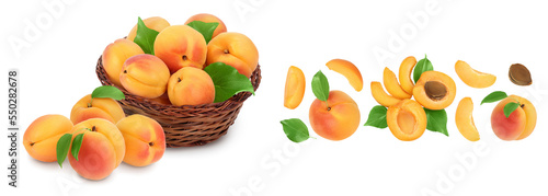 Fototapeta Naklejka Na Ścianę i Meble -  apricot fruit in Wicker basket isolated on white background. Clipping path and full depth of field