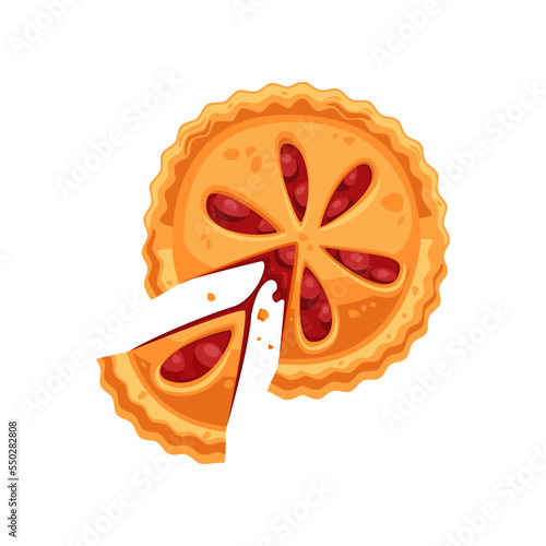 Cut berry pie and pie slice cartoon illustration. Top view of delicious homemade berry filling. Bakery, pastry, food, restaurant, menu concept