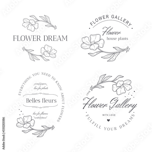 Vector set flowers logos templates. Modern hand drawn line style design. Minimalist drawn floral logo design illustration.