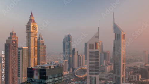 Photography Skyscrapers on Sheikh Zayed Road and DIFC morning timelapse in Dubai, UAE