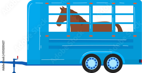 Vehicle trailer transport at wheel, farm truck with horse, isolated on white vector illustration. Animal transportation act cartoon lorry