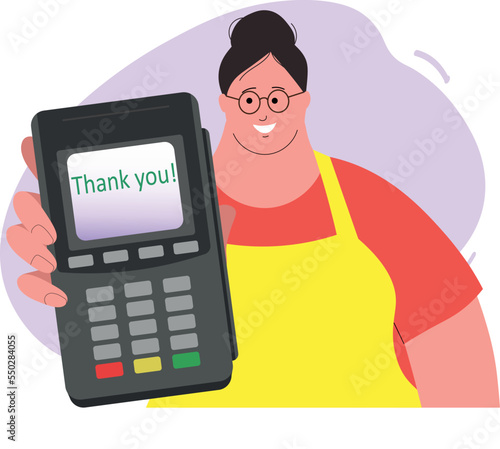 Cashless payment in the supermarket. Vector illustration of payment by credit card. Terminal for payment at the cash desk of the store