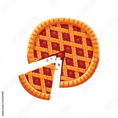 Cut checkered berry pie and pie slice cartoon illustration. Top view of delicious homemade berry filling. Bakery, pastry, food, restaurant, menu concept