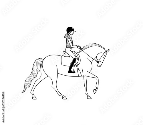 Fototapeta Naklejka Na Ścianę i Meble -  Horse and rider cantering, stylized vector, illustration, freehand pencil