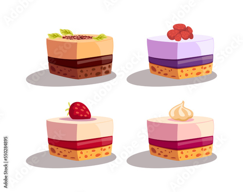 Different little cakes on plates vector illustrations set. Collection of cartoon drawings of sweet treats with layers of sponge and souffle isolated on white background. Desserts, food concept