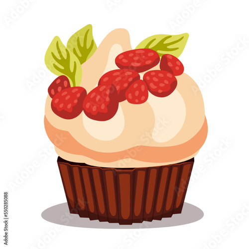 Cupcake with whipped cream and berries vector illustration. Cartoon drawing of sweet treat with garden strawberries as topping isolated on white background. Desserts, food, bakery concept