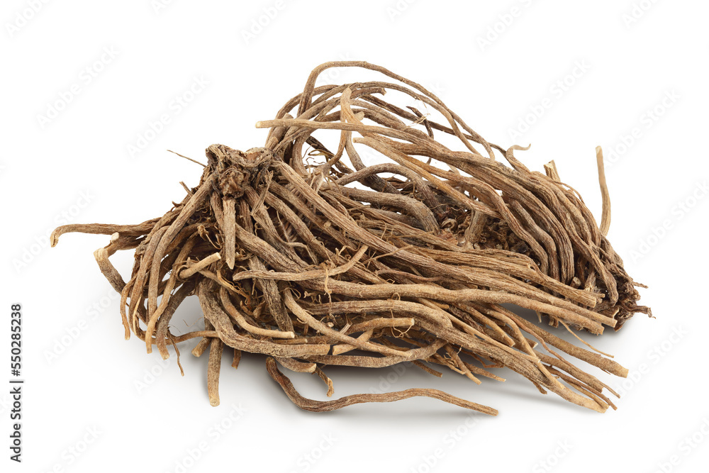 Dried Valerian root isolated on white background. Valeriana officinalis with full depth of field. Dried Valerian root isolated on white background. Valeriana officinalis with full depth of field.