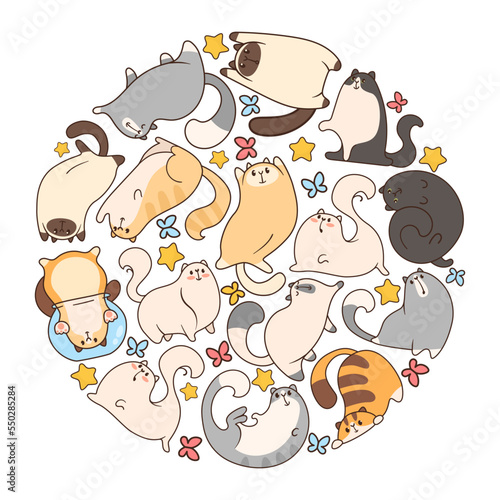 Circular pattern with adorable comic cats vector illustration. Collection of kitten cartoon characters in different poses isolated on white background. Pets or domestic animals concept