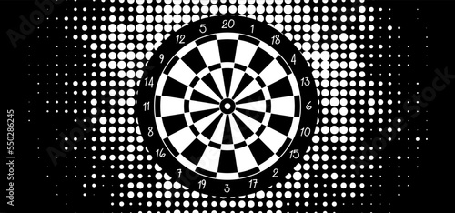 Cartoon dart board symbol. Dartboard icon. color, twenty, black and white game board and darts game. Target competition sign. Sports equipment and arrows. Throw single, double, triple or bullseye