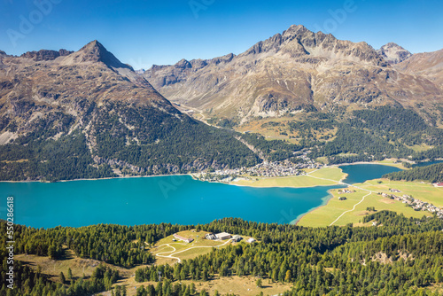 Above Silvaplana lake, Sils and Maloja from Piz Corvatsch, Engadine, Switzerland photo