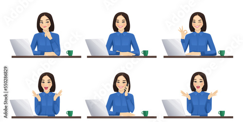 Elegant asian business woman using laptop computer sitting at the desk set isolated vector illustration