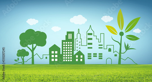 Ville verte, concept de ville écologique sous le ciel bleu, dessin au trait, rénovation énergétique de maison et bâtiment public. photo