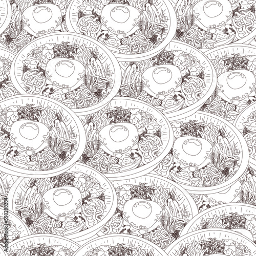 hand drawn korean food Bibimbap illustration. seamless pattern bibimbap recipe. Traditional Korean dish Bibimbap with fried egg, squid, shrimp, cucumber, soy sprouts and seaweed. Asian food background