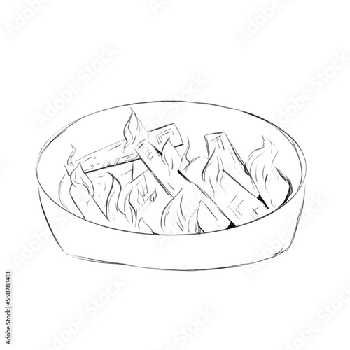 Bonfire in a round brazier pencil sketch illustration