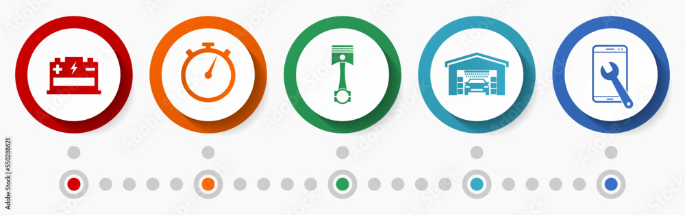 Workshop vector icon set, car service concept flat design buttons, mechanic infographic template Workshop vector icon set, car service concept flat design buttons, mechanic infographic template