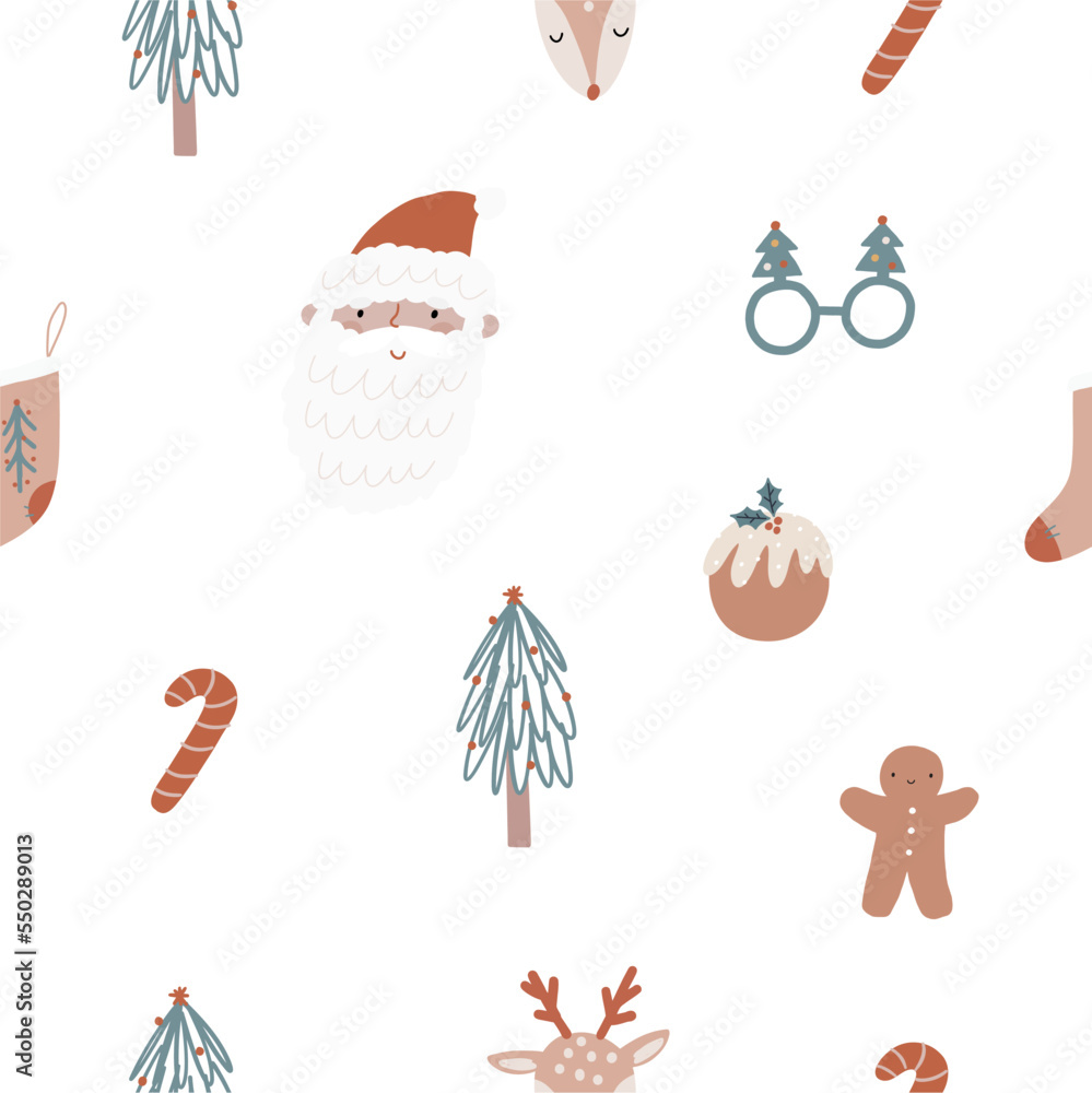 Boho Christmas seamless pattern with Christmas decor elements in flat style