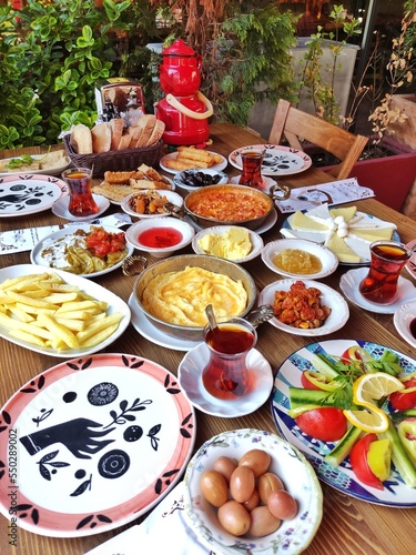 Delicious, natural, traditional breakfast on the table. Village breakfast.
