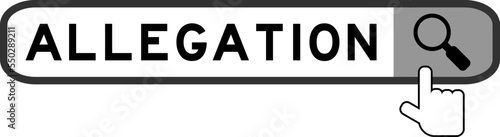 Search banner in word allegation with hand over magnifier icon on white background