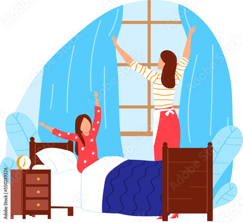 Daughter at bed pillow, mother awake girl person at home bedroom, vector illustration. Child wake up early, woman parent mom near window.