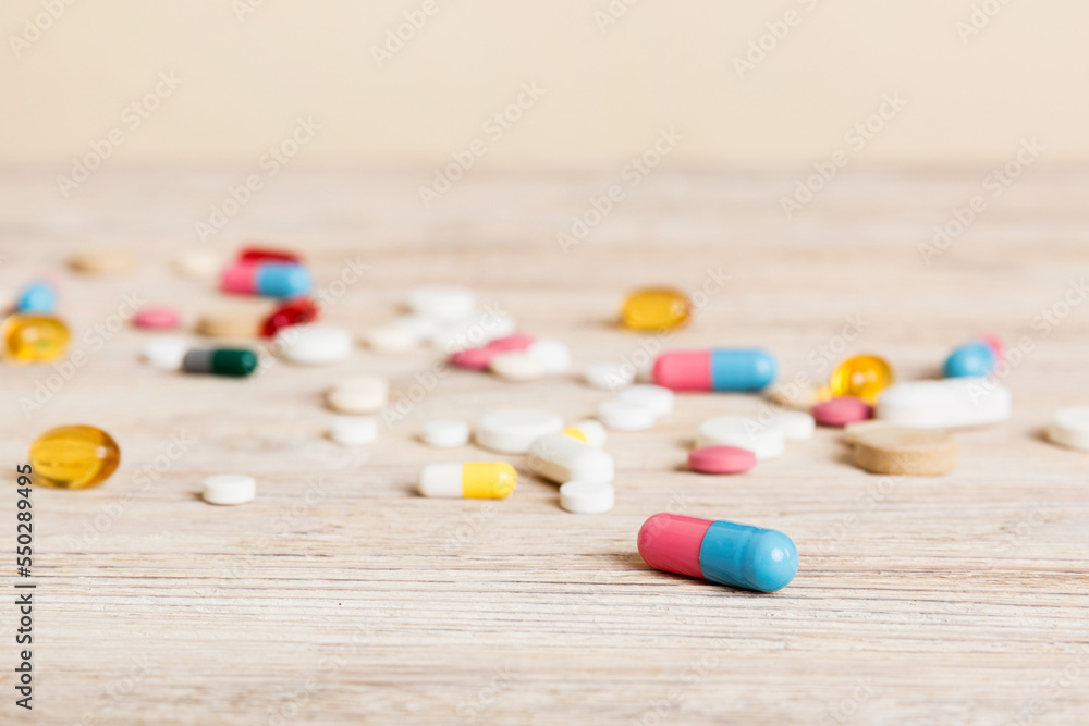Collection Of Various Medical Tablets And Pills. Assorted pharmaceutical medicine pills, tablets and capsules on table background. Heap of assorted various medicine tablets. Health care Collection Of Various Medical Tablets And Pills. Assorted pharmaceutical medicine pills, tablets and capsules on table background. Heap of assorted various medicine tablets. Health care