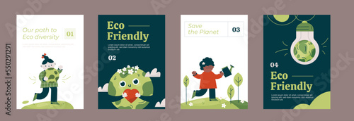 Cute Cartoon Earth ecology banners set, concept with children, save Planet poster square design for nursery, school