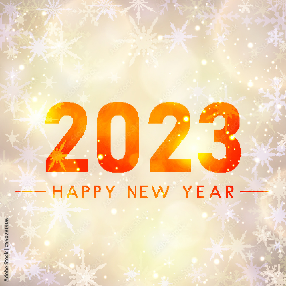 2023 happy new year sign on fogged glass on yellow bokeh background.