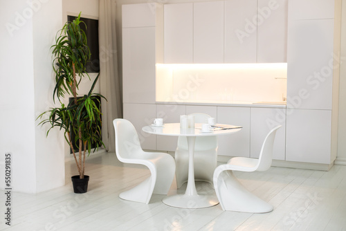Stylish white dining room with large round table and designer chairs  cups coffee  large houseplant in pot. White plastic chairs pantone. Modern Kitchen interior design with furniture. 