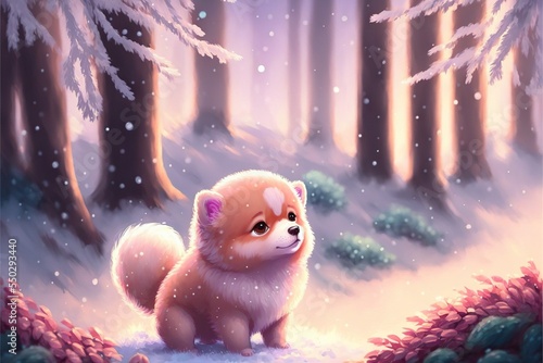 Cute anime dog puppy in kawaii style, winter forest, pastel glow photo