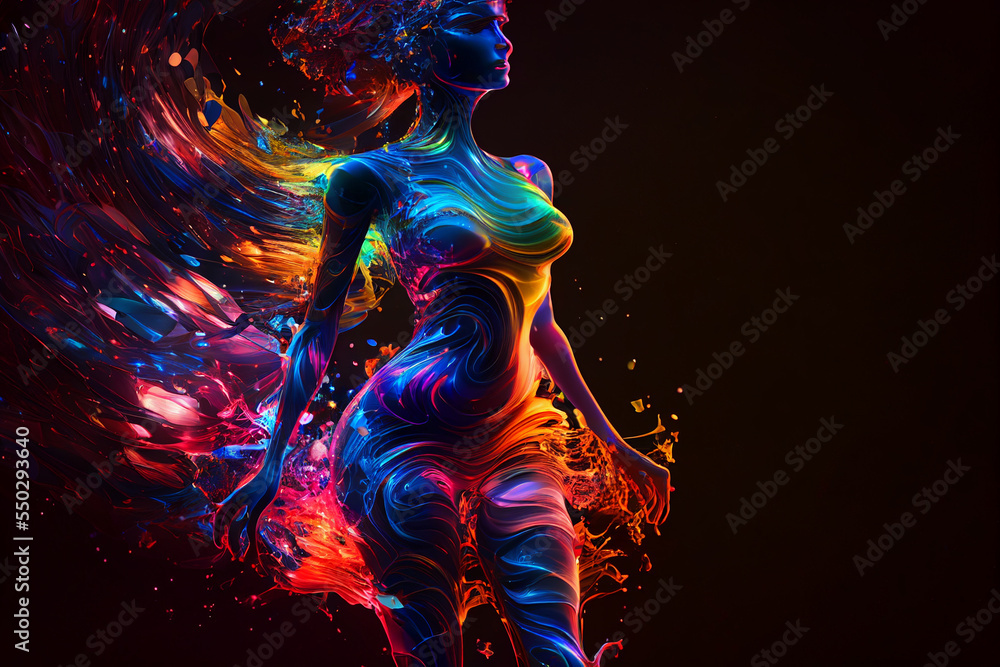 Generative ai illustration of an abstract silhouette of a woman shining in rainbow colors, infinite turbulence, fluorescent red colours comforting and relaxing design. Generative ai illustration of an abstract silhouette of a woman shining in rainbow colors, infinite turbulence, fluorescent red colours comforting and relaxing design.