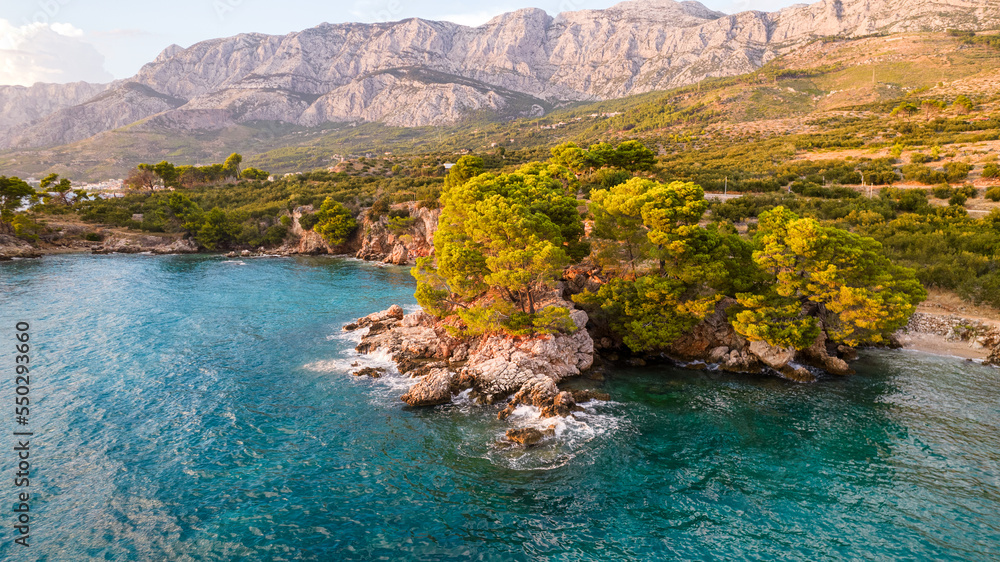 Obraz premium Beautiful azure blue Mediterranean beach surrounded by green trees in Croatia