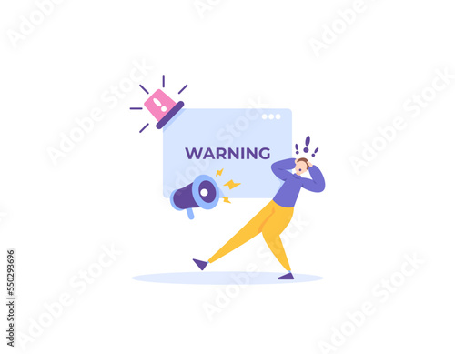 a warning system, a hazard sign or alarm. system error notification. a man was surprised and panicked because he got a warning message. technology. illustration concept design. graphic elements
