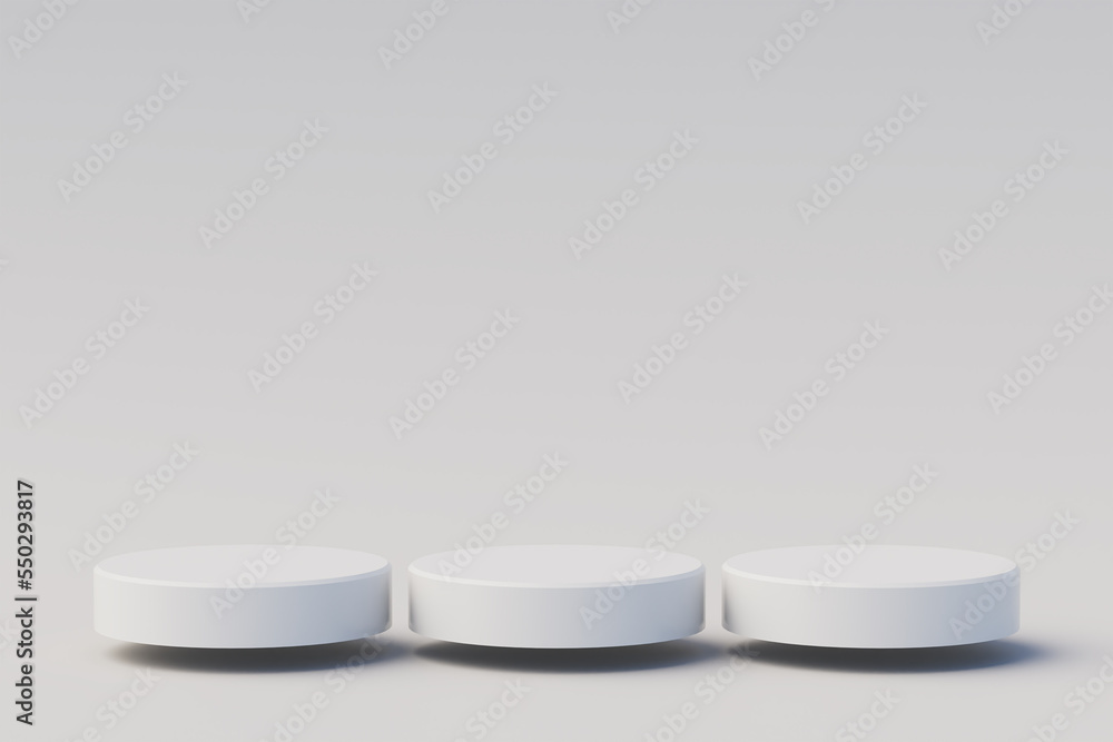 Geometric empty cylinder pedestal podium platform for cosmetic product presentation.Mock up design empty space. Abstract composition in white background modern style. 3d rendering Geometric empty cylinder pedestal podium platform for cosmetic product presentation.Mock up design empty space. Abstract composition in white background modern style. 3d rendering