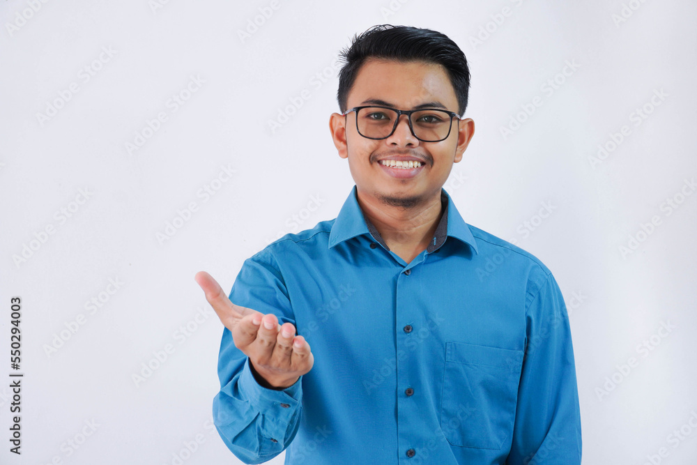 smiling or happy handsome young asian businessman with glasses in wearing blue shirt outstretched hand for greeting isolated on white background smiling or happy handsome young asian businessman with glasses in wearing blue shirt outstretched hand for greeting isolated on white background