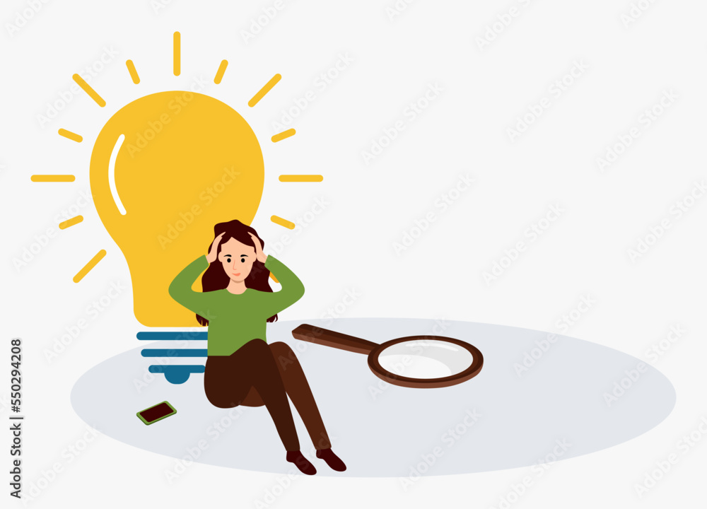 Young beautiful girl in search of ideas. A woman holding her head with both hands is brainstorming. can't find creative ideas. Seated girl looking for ideas, brainstorming. Creative person flat vector Young beautiful girl in search of ideas. A woman holding her head with both hands is brainstorming. can't find creative ideas. Seated girl looking for ideas, brainstorming. Creative person flat vector