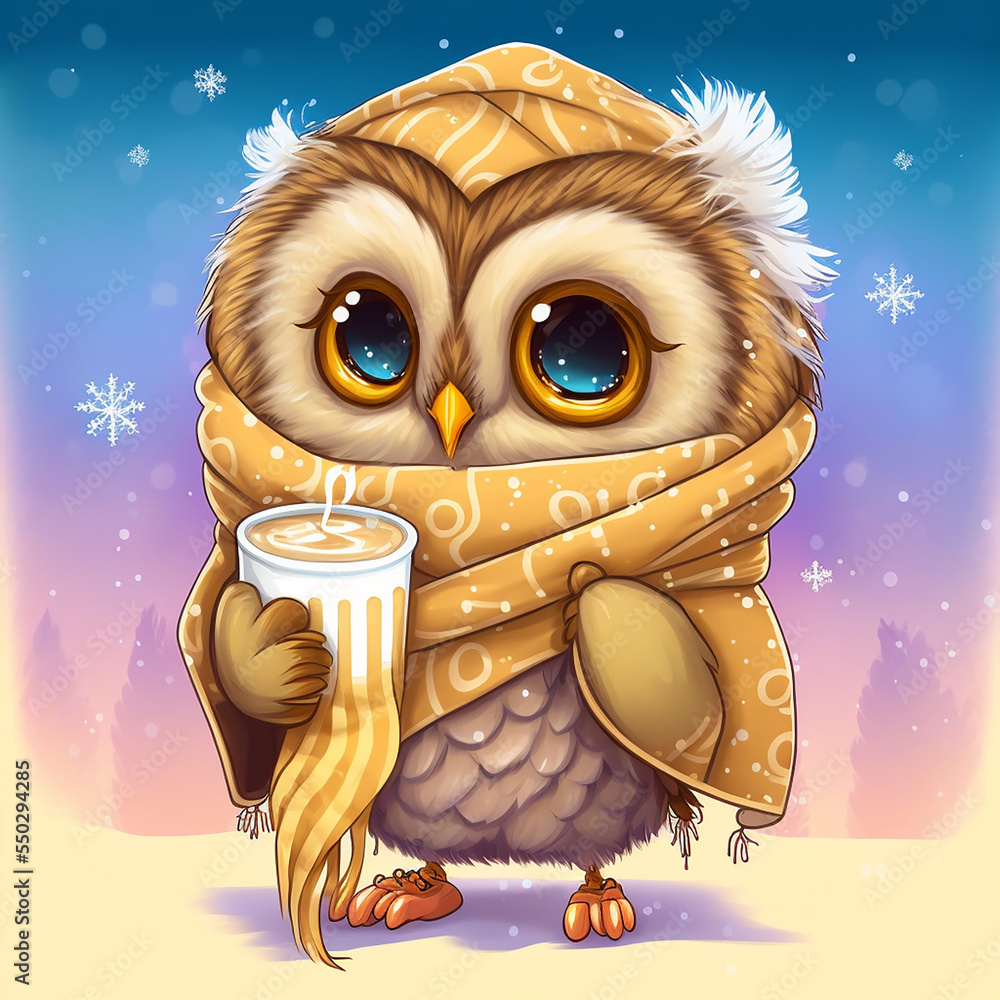 Fototapeta premium Cute tiny baby Owl holding cup of hot drink in winter wardrobe, winter time theme