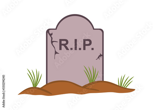 Gravestone with grass on the ground. Old tombstone on the grave with the text RIP. Old tombstone made of marble stone with the title R.I.P. Rest in peace. Grave or cemetery flat colorful illustration
