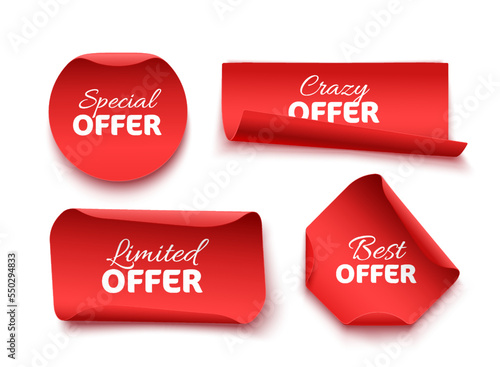 Collection of Offer Tags. Red Discount Labels. Vector Illustration