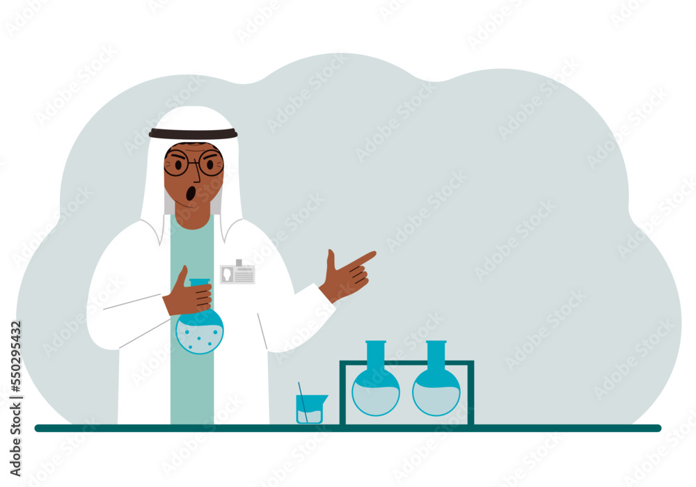 Muslim male scientist with flasks. Experimental scientist, laboratory assistant, biochemistry, chemical, scientific research. Muslim male scientist with flasks. Experimental scientist, laboratory assistant, biochemistry, chemical, scientific research.