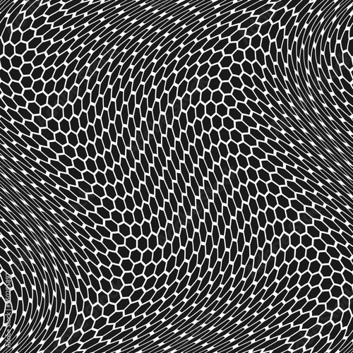 Psychedelic abstract composition art with black and white hexagonal shapes
