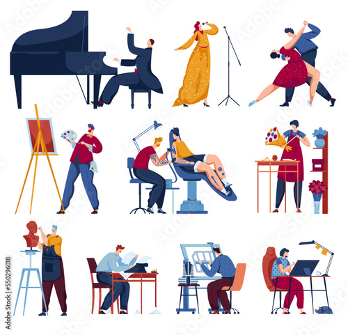 Creative profession for artist vector illustration. Flat man woman character isolated on white, artistic painter, person couple dancer, florist, tatoo master, engineer architect