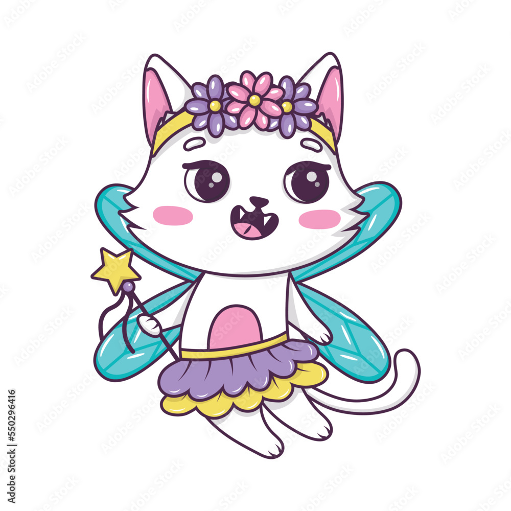 Cute cartoon cat fairy with magic wand in ballerina tutu in doodle style isolated on white background