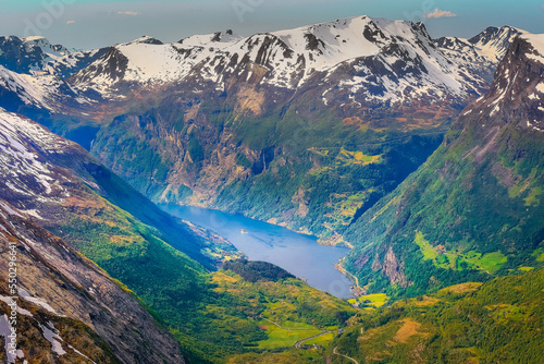 Above Geirangerfjord with boat and waterfall, Norway , Scandinavia