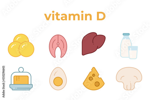 A set of line icons of products containing vitamin D. Icons of fish oil, cheese, egg yolk, liver, etc, editable stroke